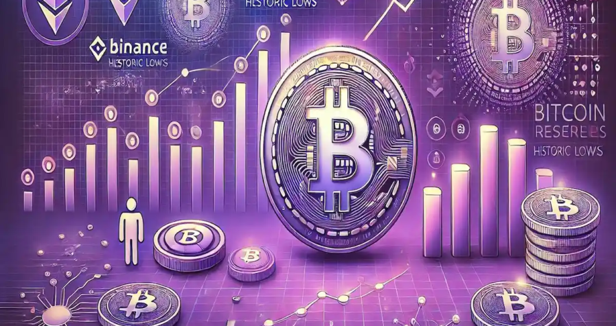 Illustration de la diminution des réserves de Bitcoin sur les principales bourses, avec des graphiques et des éléments symboliques de blockchain