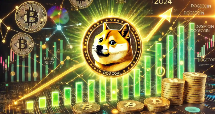 A vibrant digital illustration showcasing the rise of Dogecoin in 2024, featuring the iconic Shiba Inu logo surrounded by glowing financial graphs, Bitcoin coins, and futuristic data visuals.