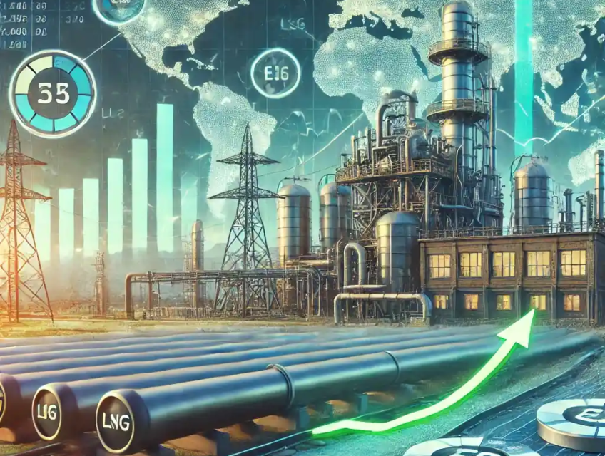 A digital artwork depicting Europe's challenges with rising gas prices, featuring an industrial factory, gas pipelines leading to an LNG terminal, and graphs showing increasing costs, set against a green-toned winter background.