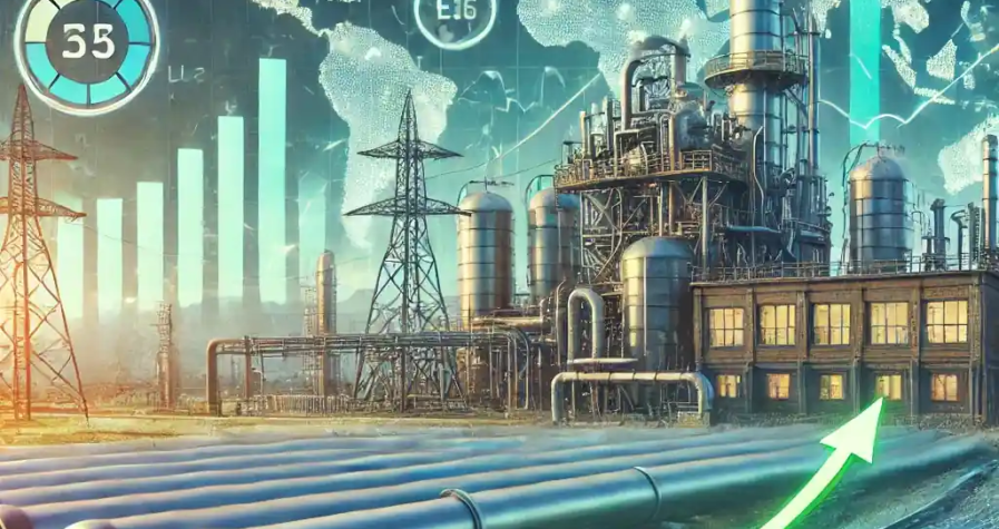 A digital artwork depicting Europe's challenges with rising gas prices, featuring an industrial factory, gas pipelines leading to an LNG terminal, and graphs showing increasing costs, set against a green-toned winter background.