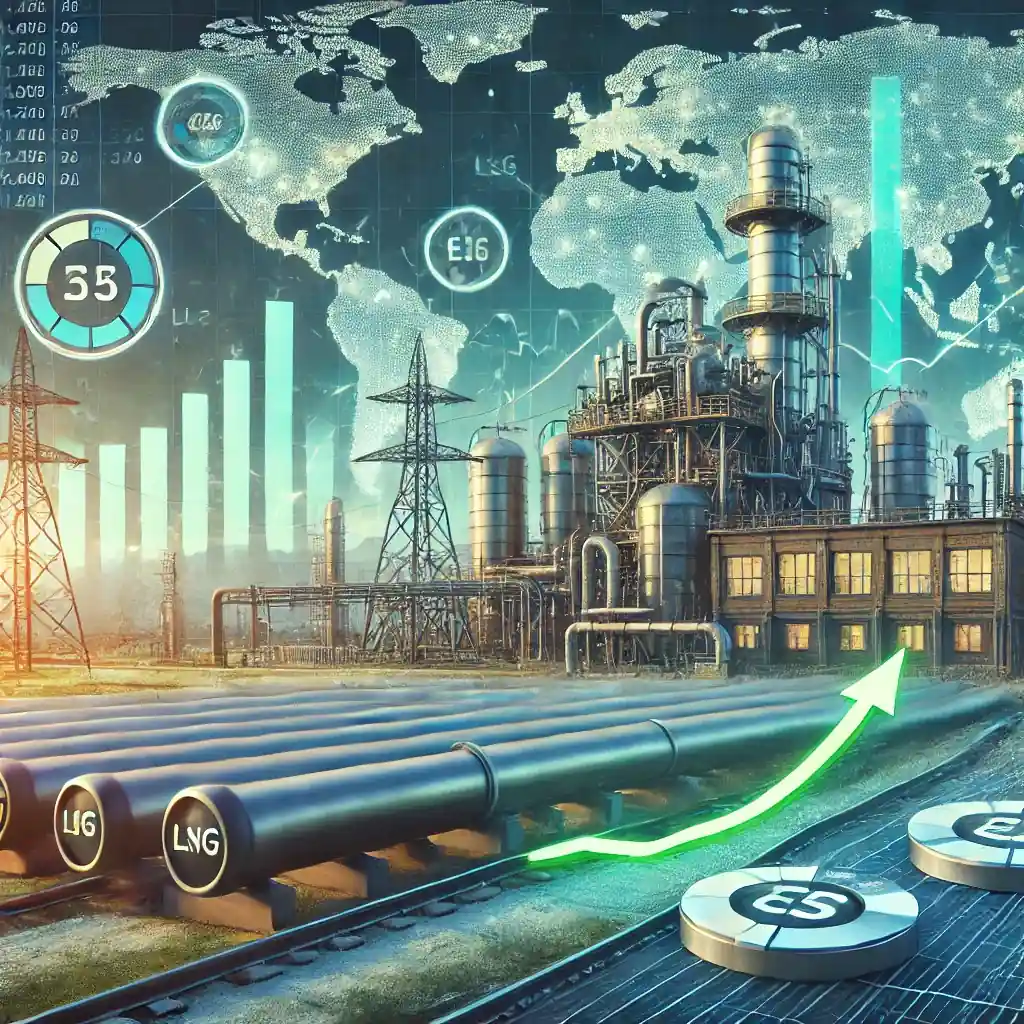 A digital artwork depicting Europe's challenges with rising gas prices, featuring an industrial factory, gas pipelines leading to an LNG terminal, and graphs showing increasing costs, set against a green-toned winter background.