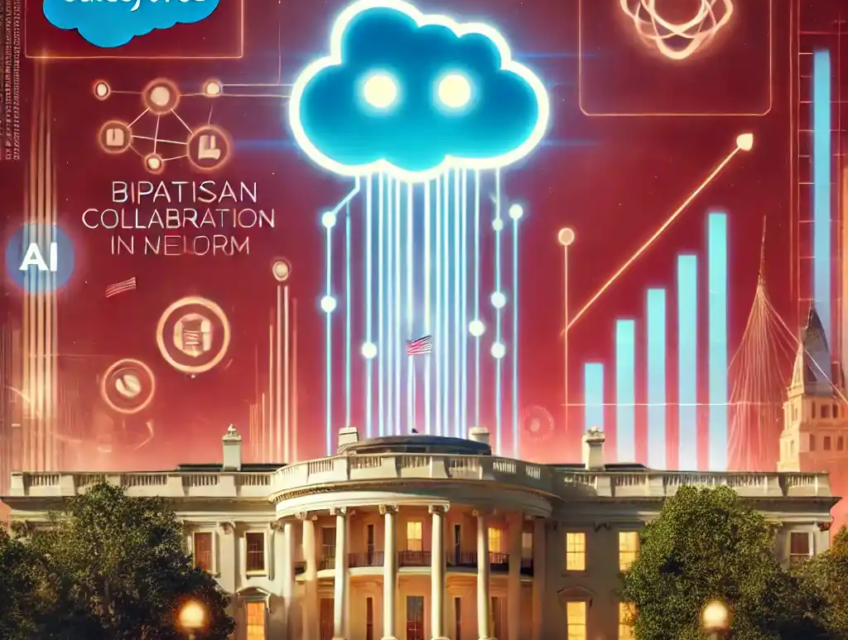 A digital artwork showcasing Salesforce’s endorsement of AI-driven government efficiency, featuring a glowing digital agent symbol and a futuristic government building on a crimson background.
