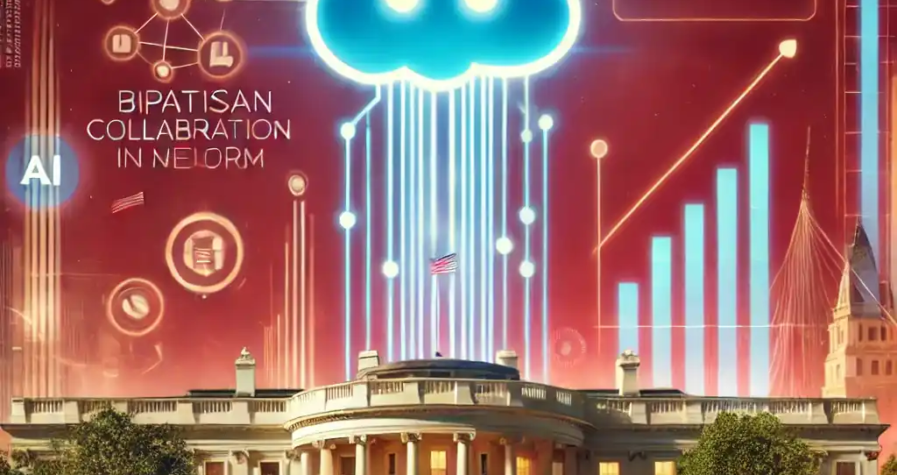A digital artwork showcasing Salesforce’s endorsement of AI-driven government efficiency, featuring a glowing digital agent symbol and a futuristic government building on a crimson background.