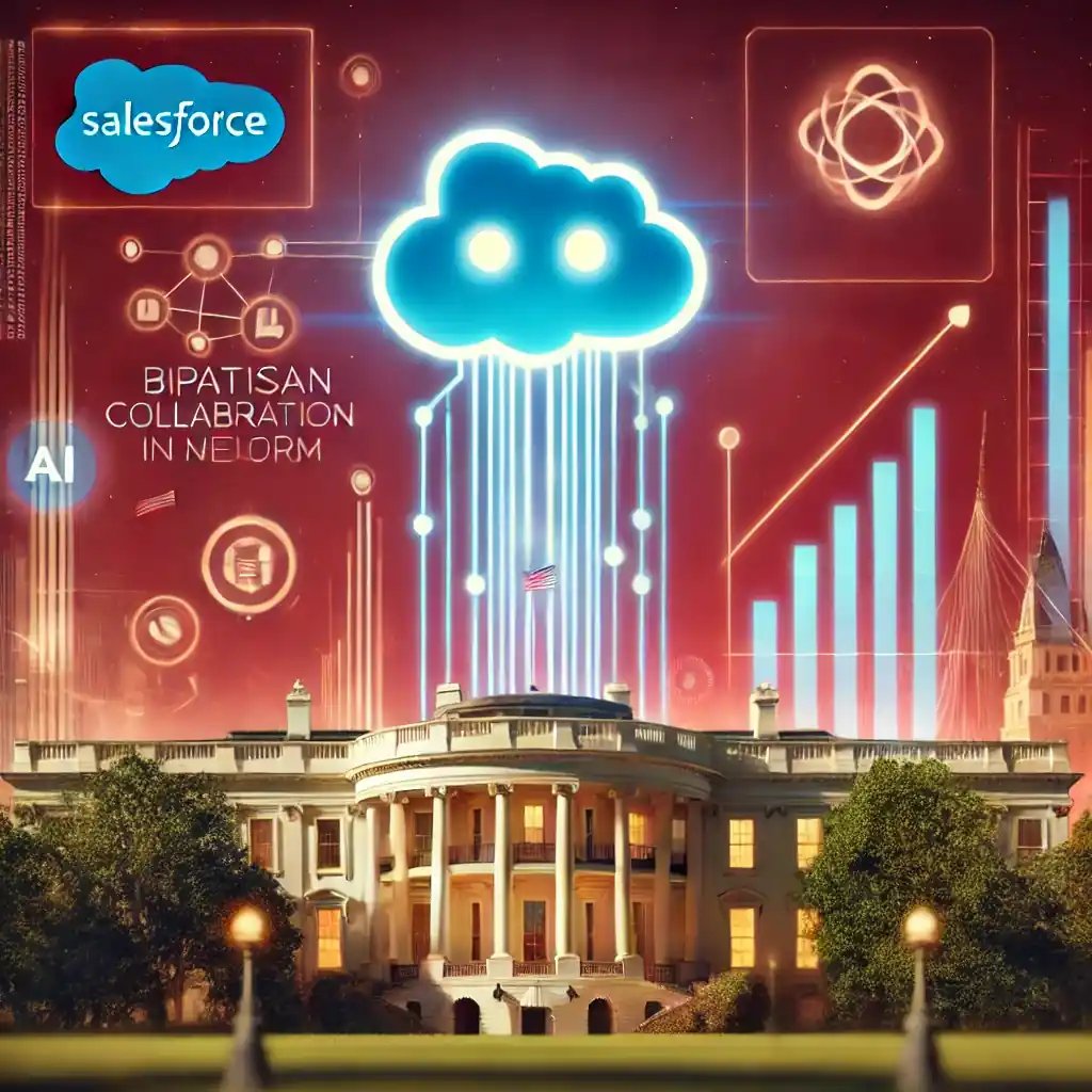 A digital artwork showcasing Salesforce’s endorsement of AI-driven government efficiency, featuring a glowing digital agent symbol and a futuristic government building on a crimson background.