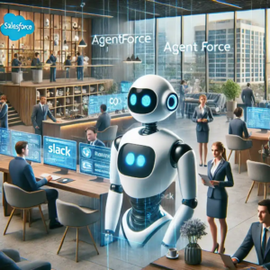 Illustration réaliste montrant l'intégration de l'IA Agentforce de Salesforce dans divers secteurs, symbolisée par des bots collaboratifs dans un environnement numérique futuriste.