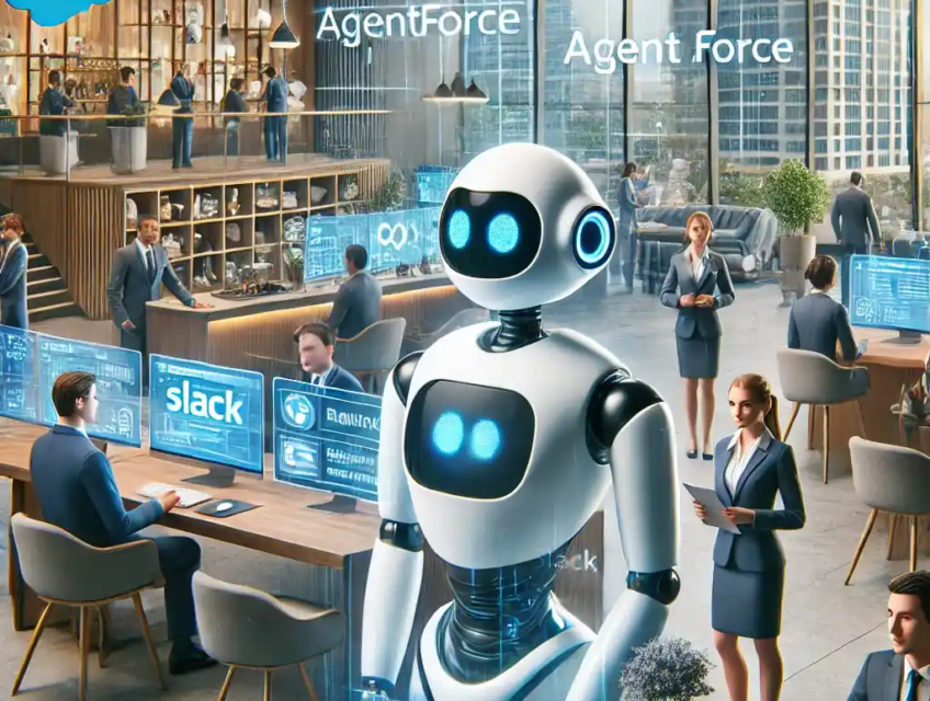 Illustration réaliste montrant l'intégration de l'IA Agentforce de Salesforce dans divers secteurs, symbolisée par des bots collaboratifs dans un environnement numérique futuriste.