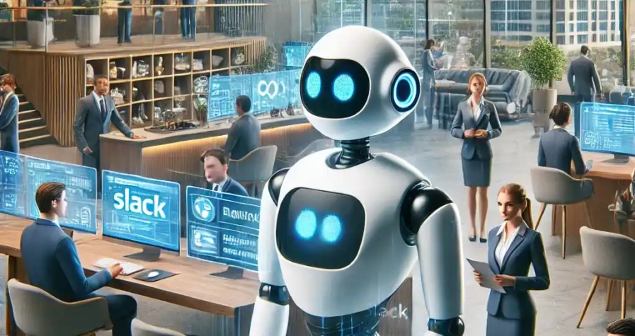 Illustration réaliste montrant l'intégration de l'IA Agentforce de Salesforce dans divers secteurs, symbolisée par des bots collaboratifs dans un environnement numérique futuriste.