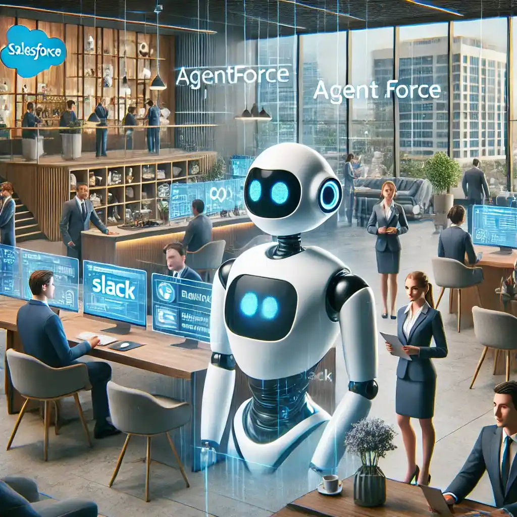 Illustration réaliste montrant l'intégration de l'IA Agentforce de Salesforce dans divers secteurs, symbolisée par des bots collaboratifs dans un environnement numérique futuriste.