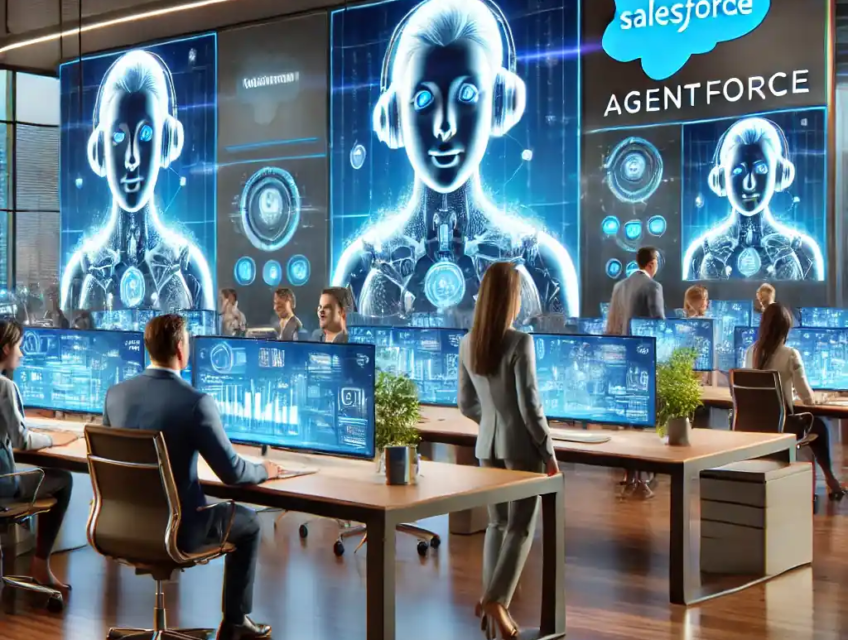 A modern office featuring Salesforce’s AI-powered platform "Agentforce" on large monitors interacting with human employees, symbolizing AI-human collaboration.