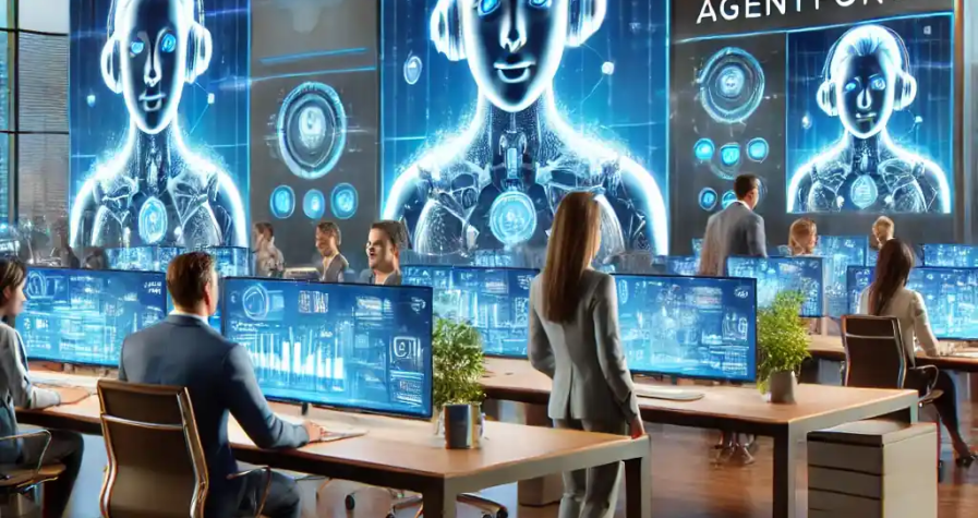 A modern office featuring Salesforce’s AI-powered platform "Agentforce" on large monitors interacting with human employees, symbolizing AI-human collaboration.
