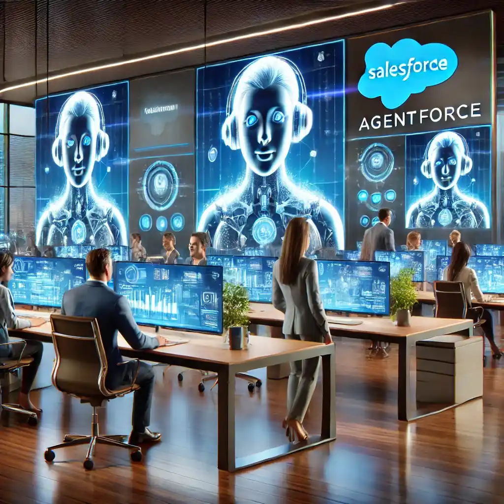 A modern office featuring Salesforce’s AI-powered platform "Agentforce" on large monitors interacting with human employees, symbolizing AI-human collaboration.