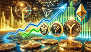 Illustration numérique montrant les gains de Tron, XRP et Hedera avec des graphiques haussiers et des éléments blockchain.
