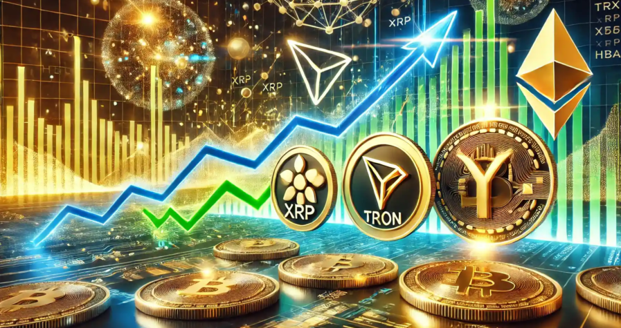 Illustration numérique montrant les gains de Tron, XRP et Hedera avec des graphiques haussiers et des éléments blockchain.