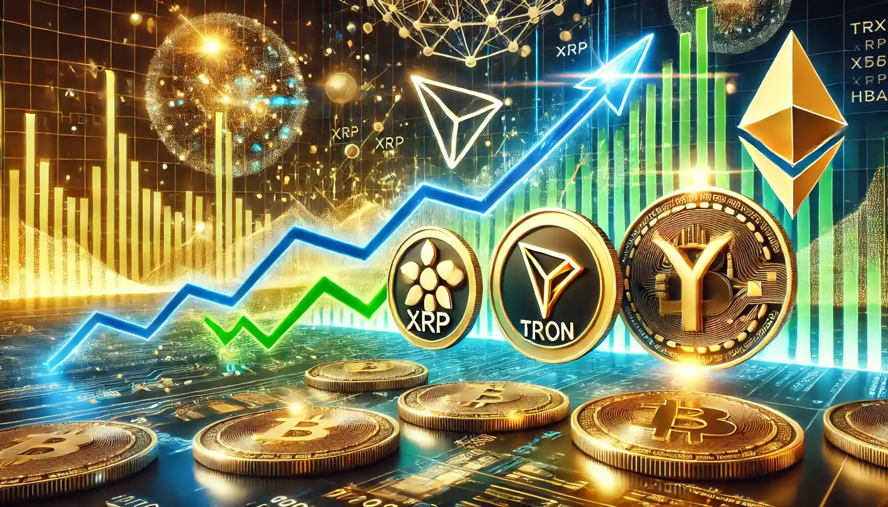 Illustration numérique montrant les gains de Tron, XRP et Hedera avec des graphiques haussiers et des éléments blockchain.