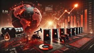 Illustration réaliste représentant la stabilisation des marchés pétroliers, avec des barils de pétrole, des pipelines et des graphiques financiers en rouge.