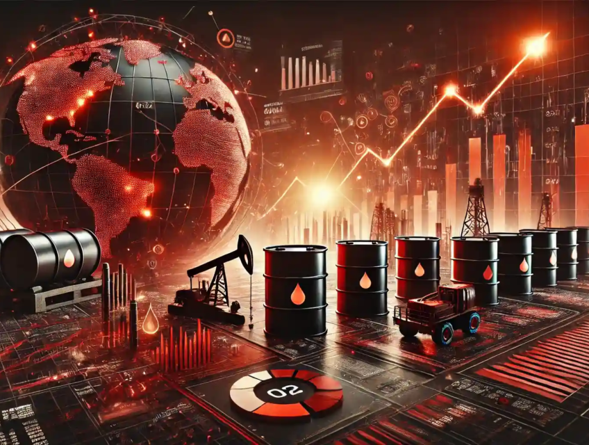 Illustration réaliste représentant la stabilisation des marchés pétroliers, avec des barils de pétrole, des pipelines et des graphiques financiers en rouge.