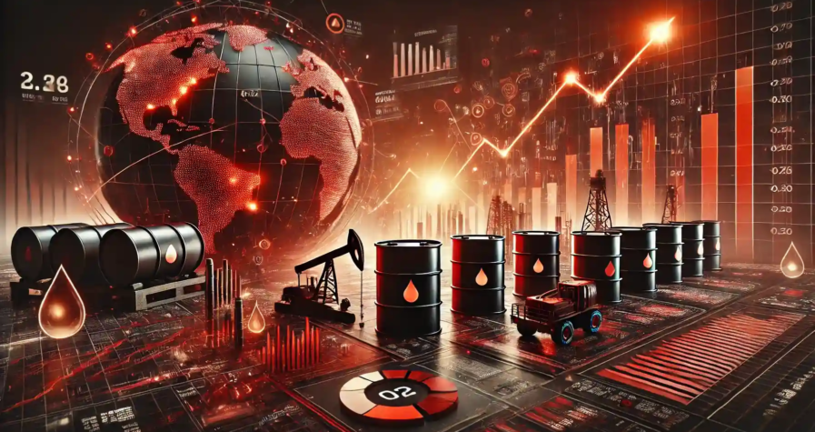 Illustration réaliste représentant la stabilisation des marchés pétroliers, avec des barils de pétrole, des pipelines et des graphiques financiers en rouge.