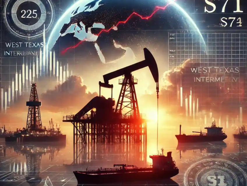 An oil rig silhouetted against a sunset, trading graphs showing steady oil prices, with global trade elements and geopolitical markers.