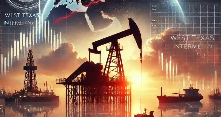 An oil rig silhouetted against a sunset, trading graphs showing steady oil prices, with global trade elements and geopolitical markers.