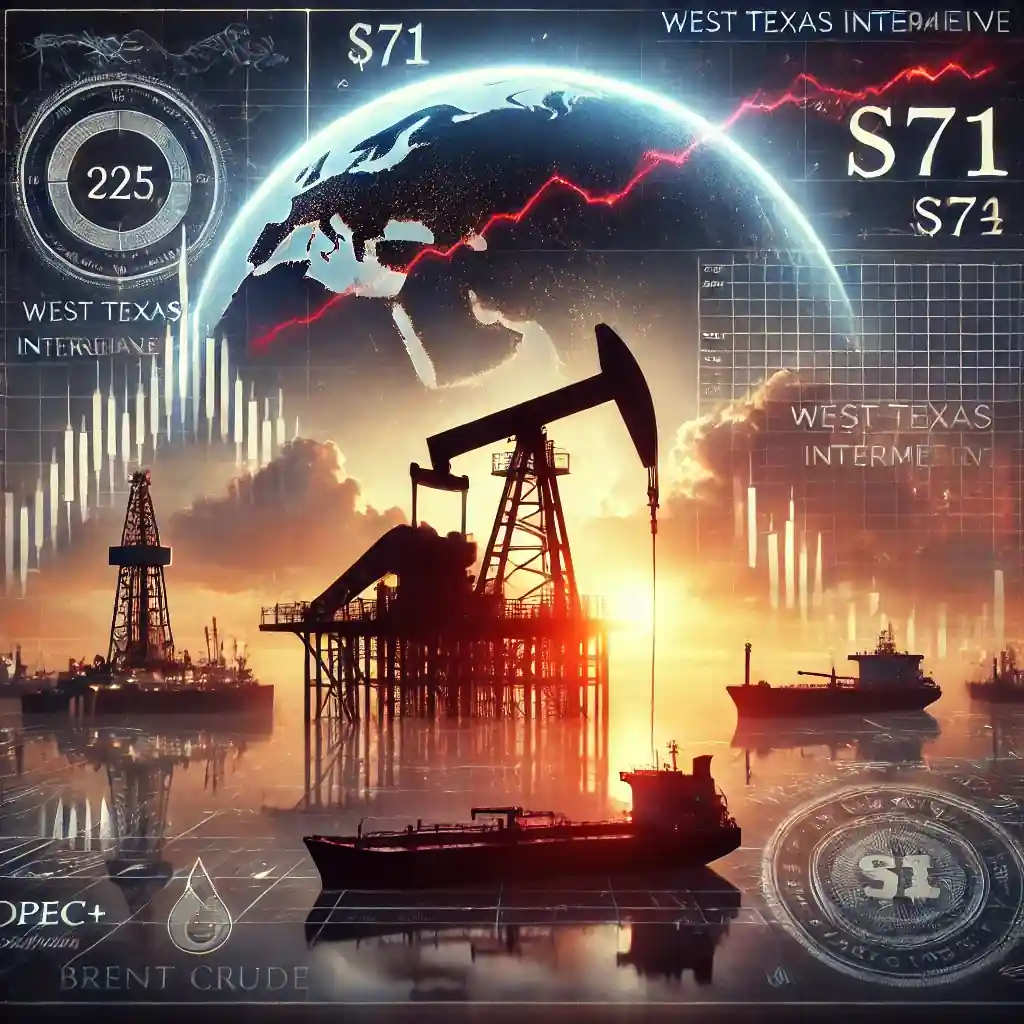 An oil rig silhouetted against a sunset, trading graphs showing steady oil prices, with global trade elements and geopolitical markers.