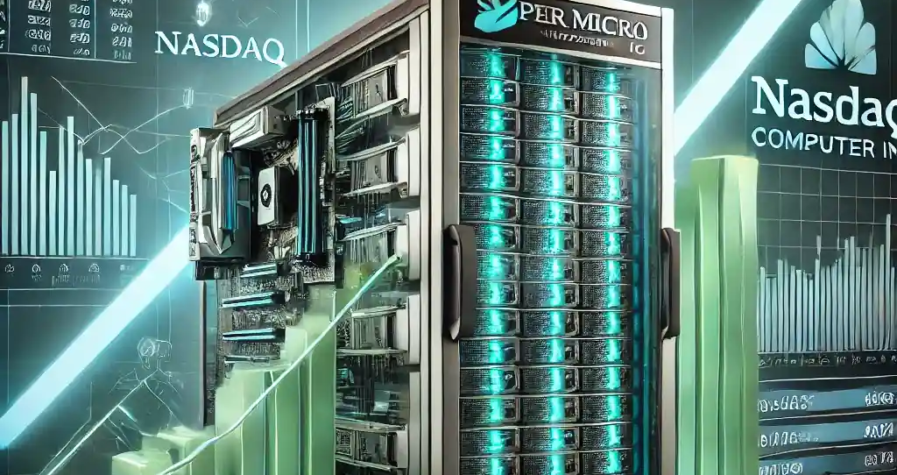 A digital artwork featuring a futuristic server surrounded by upward financial graphs and a Nasdaq logo, symbolizing Super Micro Computer Inc.'s recovery and compliance efforts.