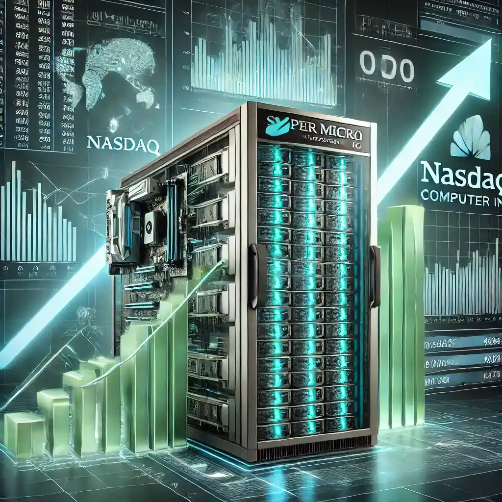 A digital artwork featuring a futuristic server surrounded by upward financial graphs and a Nasdaq logo, symbolizing Super Micro Computer Inc.'s recovery and compliance efforts.