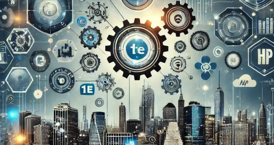 A sleek digital artwork showcasing TeamViewer's strategic acquisition of IT automation provider 1E, featuring interconnected automation gears, digital workflows, and a futuristic North American skyline with cloud integration.