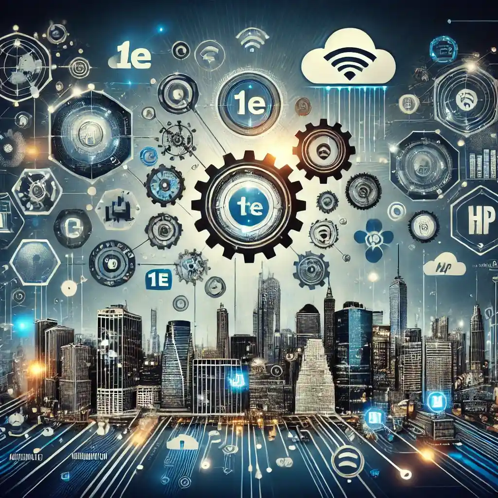 A sleek digital artwork showcasing TeamViewer's strategic acquisition of IT automation provider 1E, featuring interconnected automation gears, digital workflows, and a futuristic North American skyline with cloud integration.