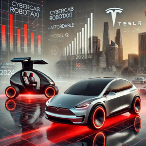 Illustration réaliste de Tesla en 2024, mettant en avant le Cybercab, un véhicule électrique Model Q, et des graphiques financiers symbolisant les défis et succès de l'année.