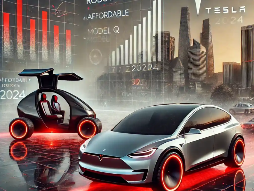 Illustration réaliste de Tesla en 2024, mettant en avant le Cybercab, un véhicule électrique Model Q, et des graphiques financiers symbolisant les défis et succès de l'année.