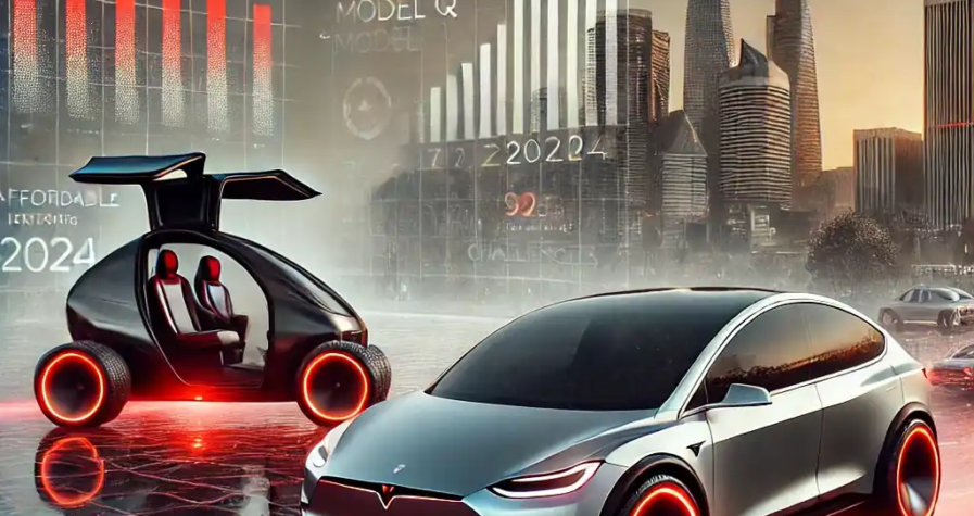Illustration réaliste de Tesla en 2024, mettant en avant le Cybercab, un véhicule électrique Model Q, et des graphiques financiers symbolisant les défis et succès de l'année.