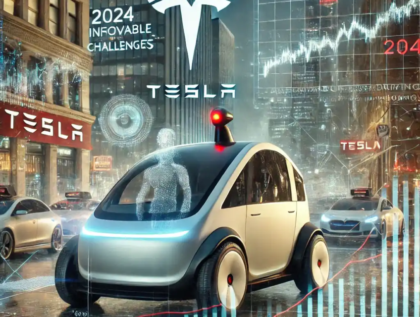 A Cybertruck-inspired Tesla robotaxi in a futuristic urban setting, surrounded by digital overlays showing stock trends and autonomous driving technology.