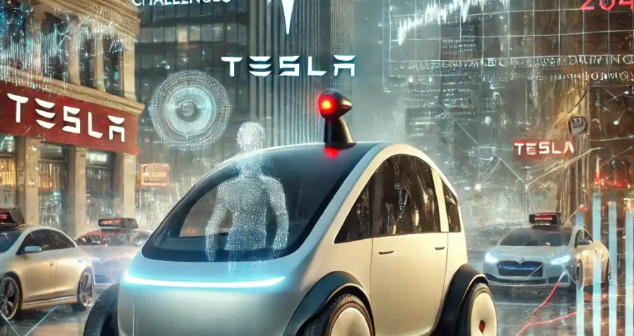 A Cybertruck-inspired Tesla robotaxi in a futuristic urban setting, surrounded by digital overlays showing stock trends and autonomous driving technology.