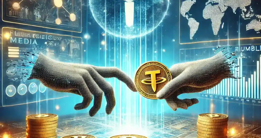 A visual representation of the partnership between Tether and Rumble, featuring digital coins merging with a media platform screen, symbolizing decentralized innovation.