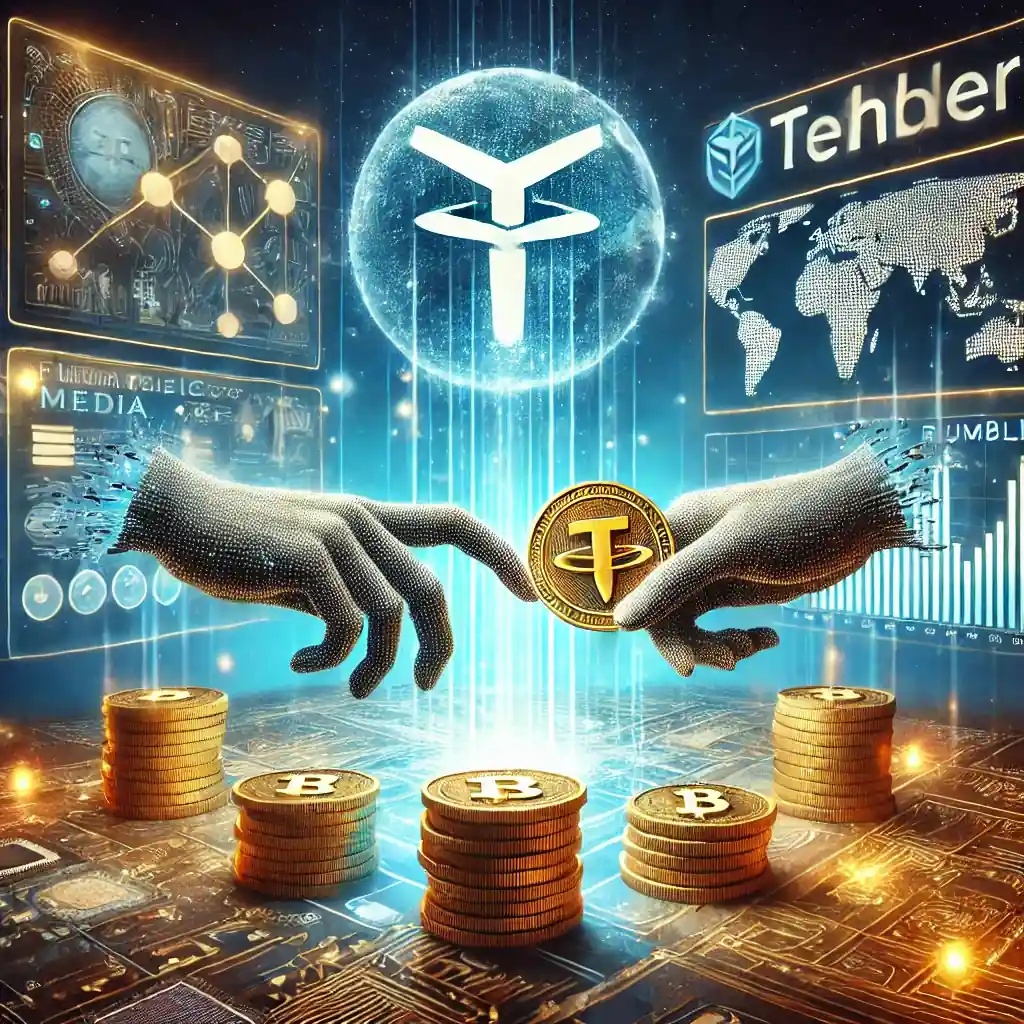A visual representation of the partnership between Tether and Rumble, featuring digital coins merging with a media platform screen, symbolizing decentralized innovation.