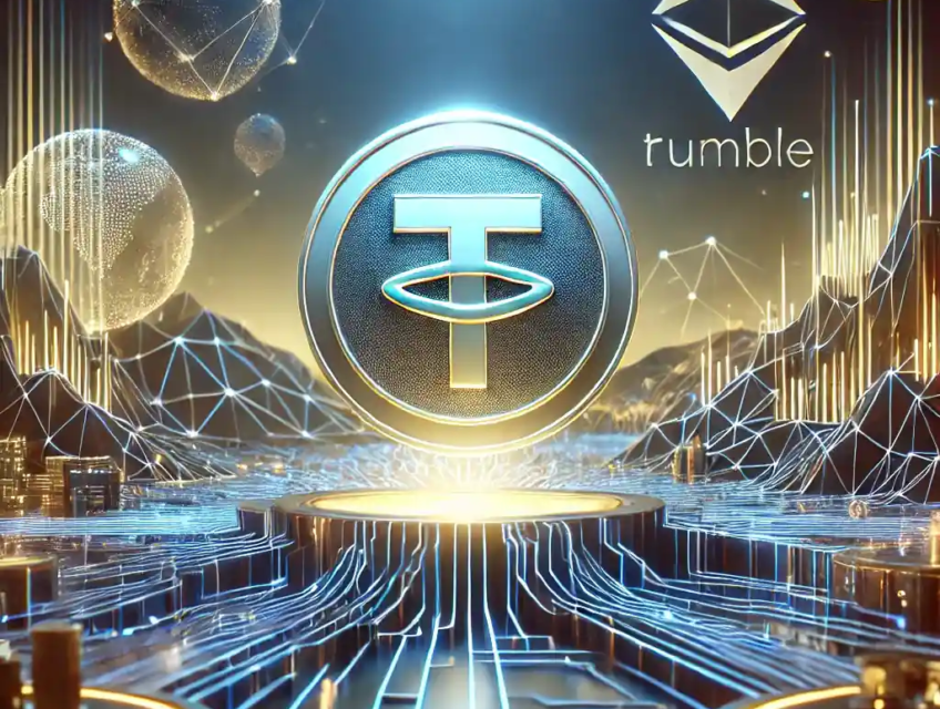 A realistic digital illustration showcasing the partnership between Tether and Rumble, with a futuristic digital landscape representing decentralization, featuring Tether's stablecoin and a prominent Rumble logo integrated within a dynamic, high-tech backdrop.