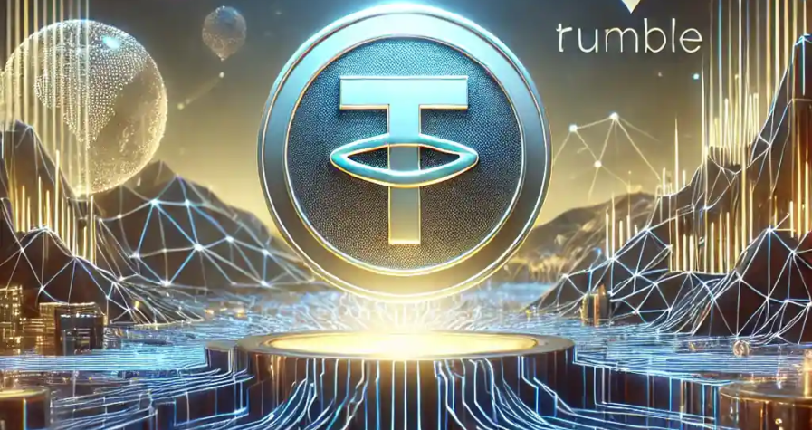 A realistic digital illustration showcasing the partnership between Tether and Rumble, with a futuristic digital landscape representing decentralization, featuring Tether's stablecoin and a prominent Rumble logo integrated within a dynamic, high-tech backdrop.