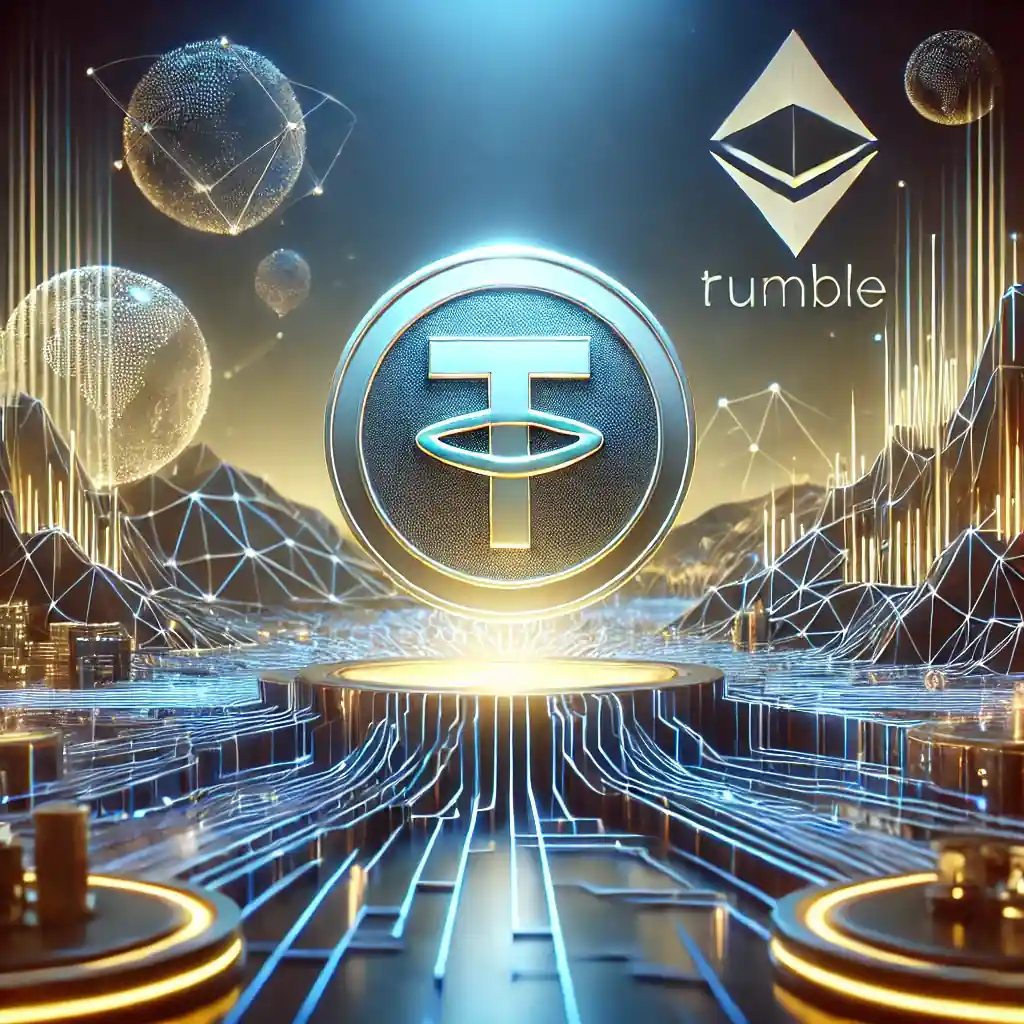 A realistic digital illustration showcasing the partnership between Tether and Rumble, with a futuristic digital landscape representing decentralization, featuring Tether's stablecoin and a prominent Rumble logo integrated within a dynamic, high-tech backdrop.