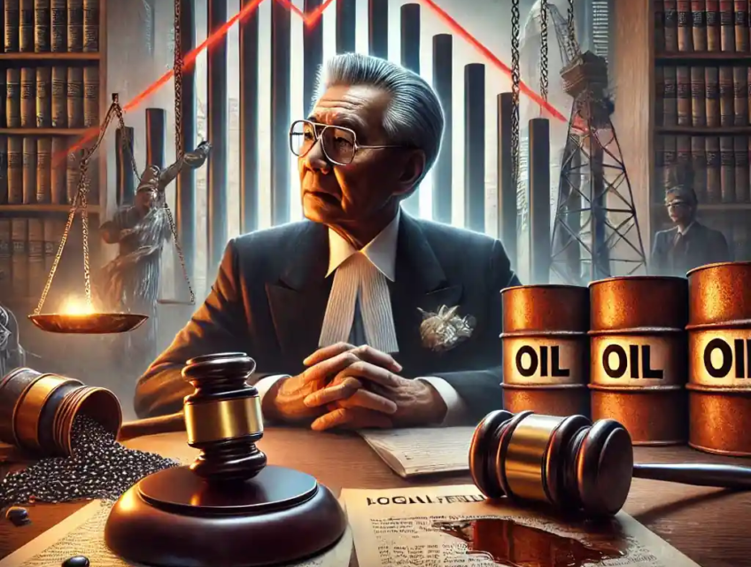 A courtroom scene with legal documents and a gavel, set against a backdrop of a collapsed oil trading graph and oil barrels.