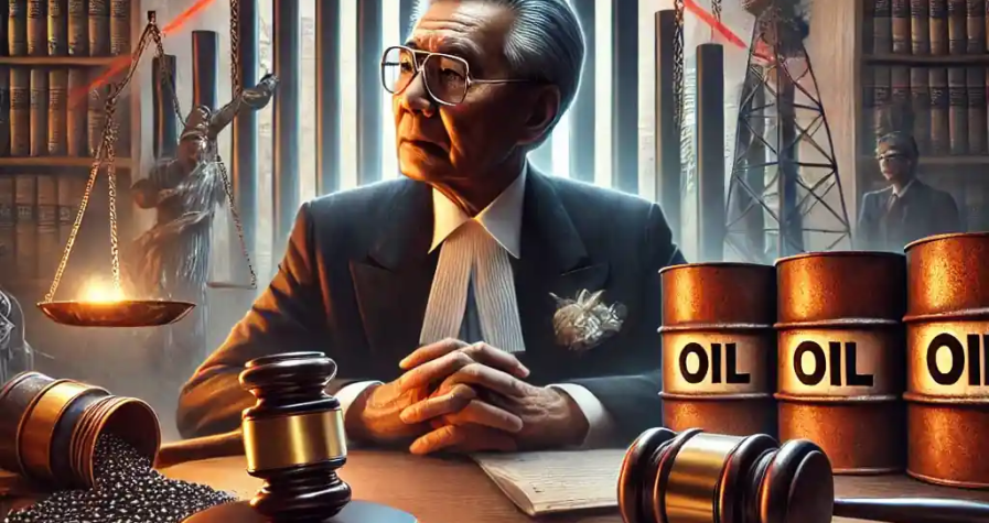 A courtroom scene with legal documents and a gavel, set against a backdrop of a collapsed oil trading graph and oil barrels.