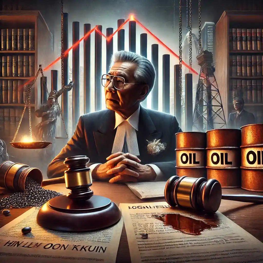 A courtroom scene with legal documents and a gavel, set against a backdrop of a collapsed oil trading graph and oil barrels.
