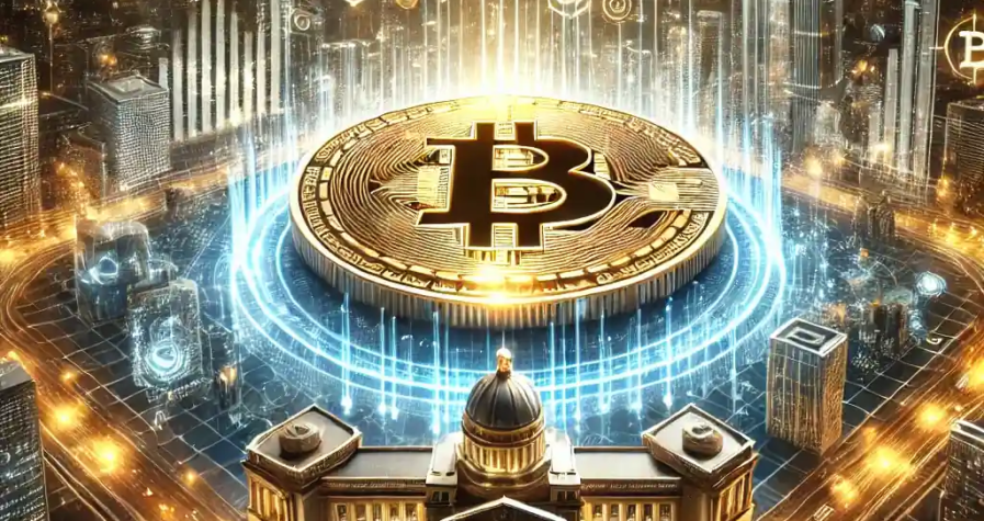 A futuristic depiction of a golden Bitcoin surrounded by glowing blockchain networks, digital graphs, and a government building merging with tech icons.