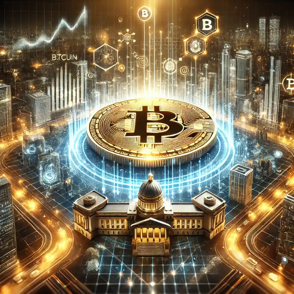 A futuristic depiction of a golden Bitcoin surrounded by glowing blockchain networks, digital graphs, and a government building merging with tech icons.