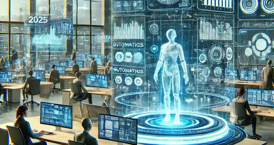A futuristic office setup featuring AI agents performing automated tasks on digital screens with holographic analytics and real-time updates.