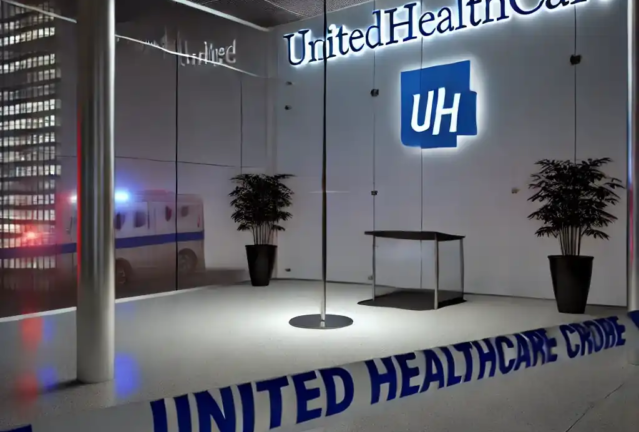 An ultra-realistic corporate office scene with a UnitedHealthcare building in the background, police cordon in the foreground, and somber lighting.