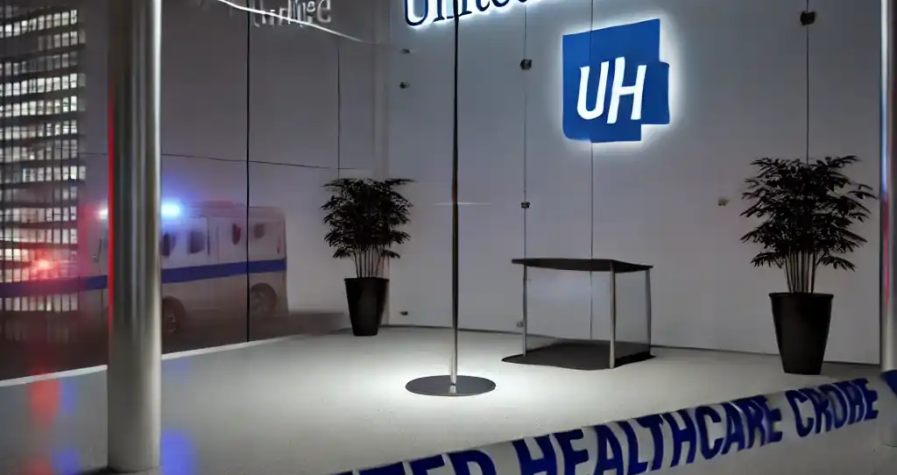 An ultra-realistic corporate office scene with a UnitedHealthcare building in the background, police cordon in the foreground, and somber lighting.