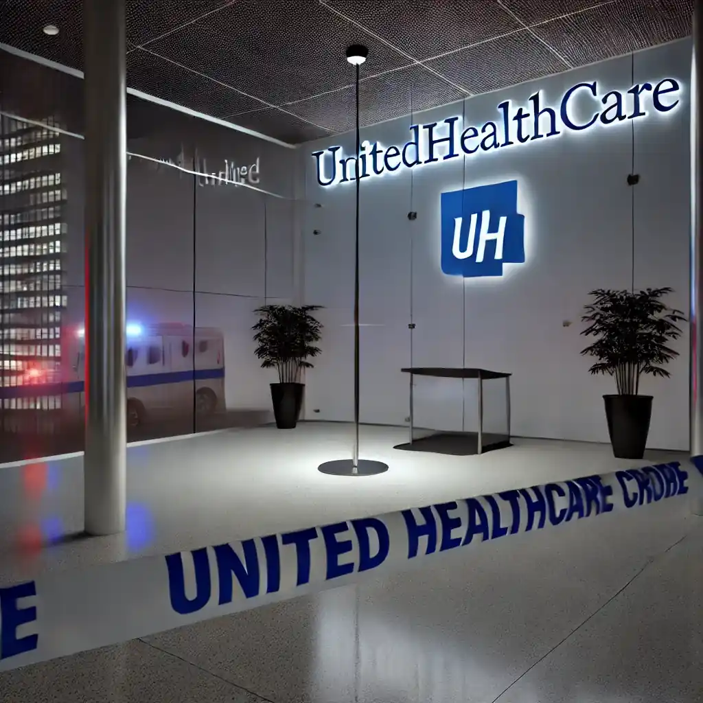 An ultra-realistic corporate office scene with a UnitedHealthcare building in the background, police cordon in the foreground, and somber lighting.