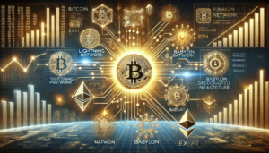 Illustration futuriste de la transformation du Bitcoin en une infrastructure financière avec des éléments Layer-2 et DeFi.