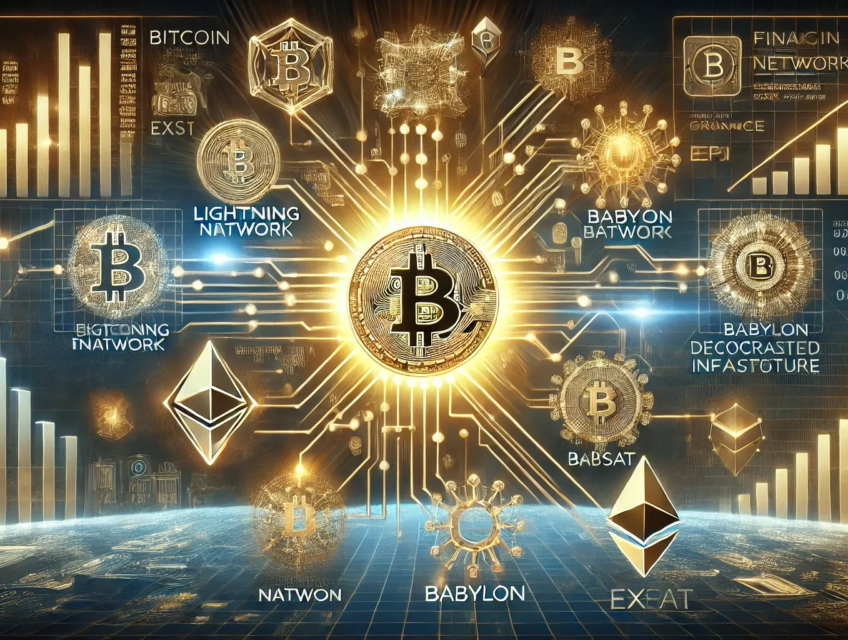 Illustration futuriste de la transformation du Bitcoin en une infrastructure financière avec des éléments Layer-2 et DeFi.