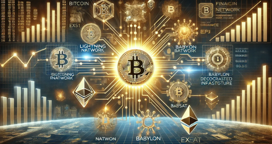 Illustration futuriste de la transformation du Bitcoin en une infrastructure financière avec des éléments Layer-2 et DeFi.